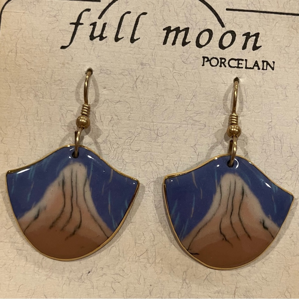 🔴 Full Moon | Porcelain Blue & Brown Earrings with Gold Edges
